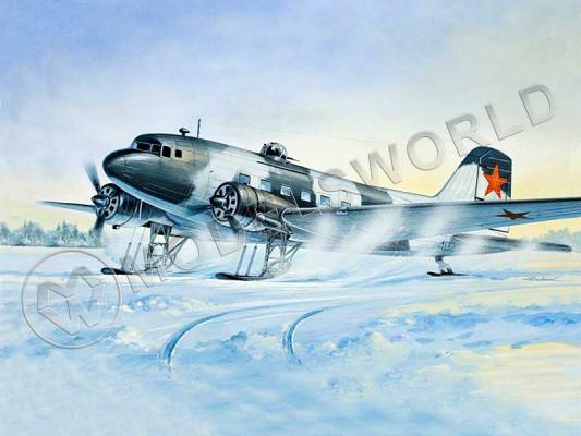 Склеиваемая пластиковая модель транспортный  самолет Ли-2Т зимний вариант. Масштаб 1:144
