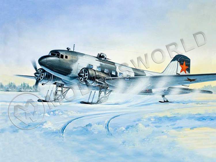 Склеиваемая пластиковая модель транспортный  самолет Ли-2Т зимний вариант. Масштаб 1:144 - фото 1