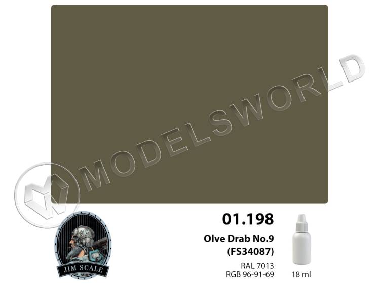 Акриловая краска Jim Scale Olive Drab No.9 (FS 34087), 18 мл Акриловая краска Jim Scale Olive Drab No.9 (FS 34087), 18 мл - фото 1