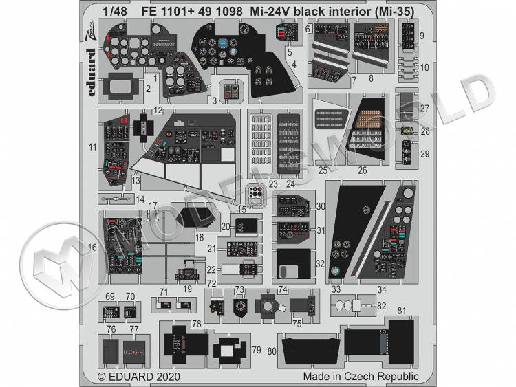 Фототравление для вертолета Ми-24В интерьер черно-белый (Ми-35), Звезда. Масштаб 1:48 - фото 1